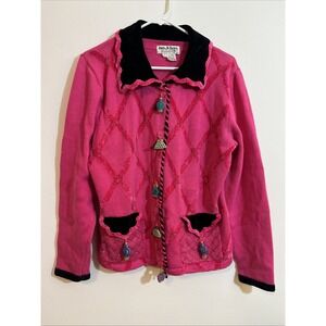 Vintage Women's L Sweater Beaded Glitter‎ Perfume Bottles Bright Pink Black Trim